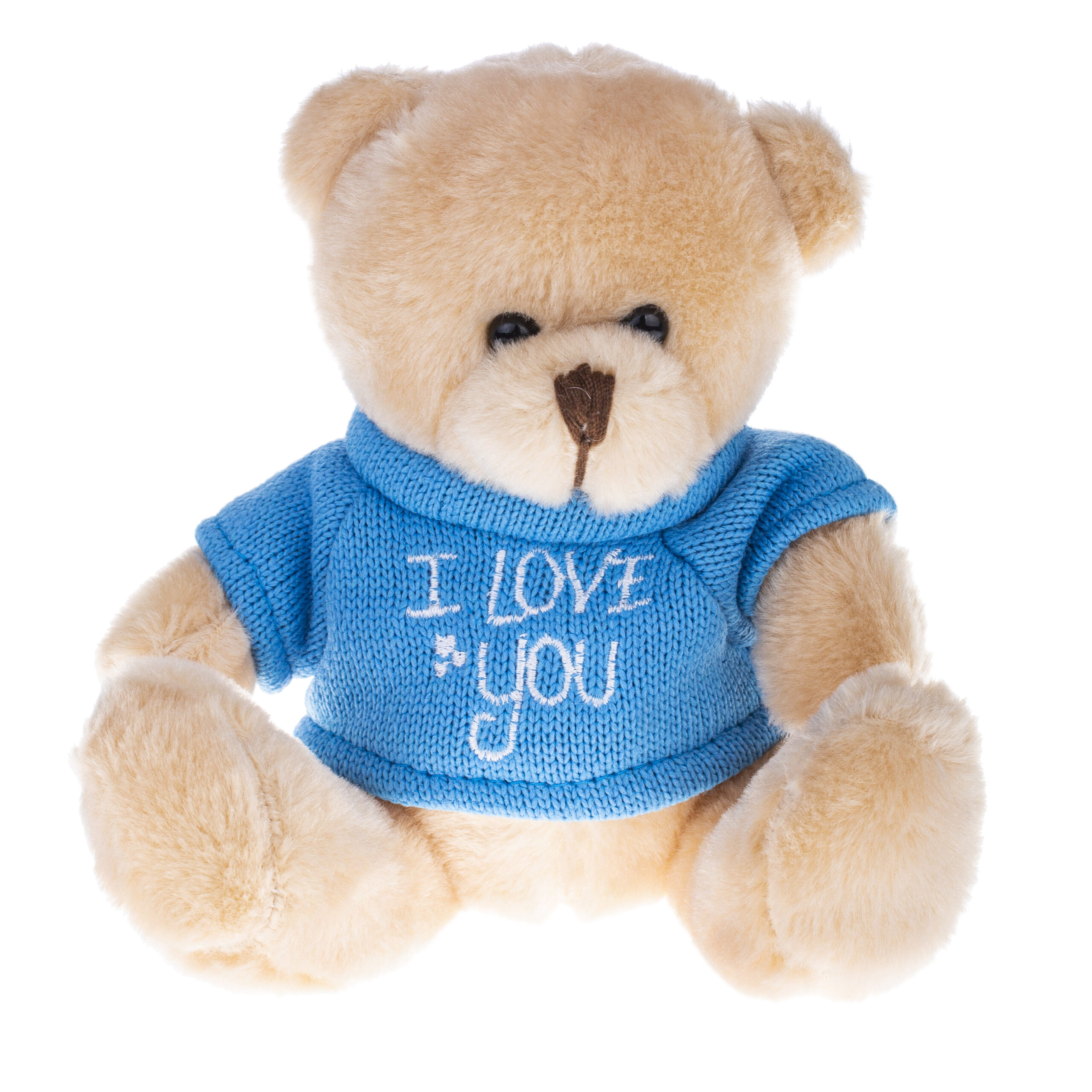 e14c5e28a19c010e219435d2c92b7594 Плюшено мече със син пуловер "I love you" - Снимка
