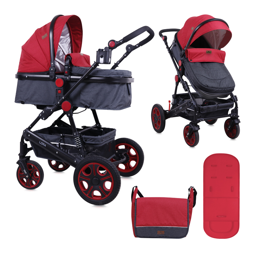 10021271800 ДЕТСКА КОЛИЧКА LORA BLACK&RED + ЧАНТА - Image 1