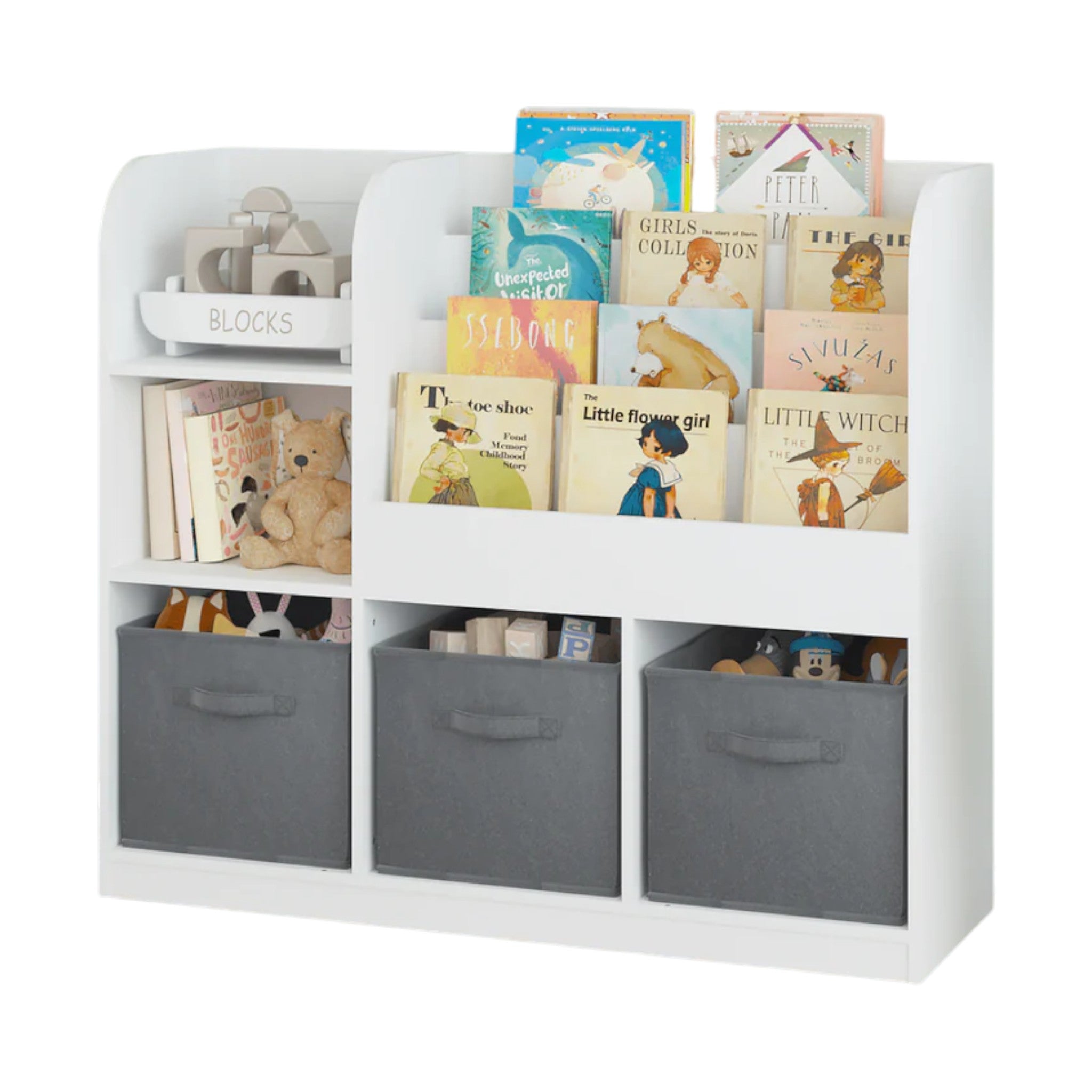 detski-organayzer-ginger-home-etazherka-igrachki-knigi-3-kutii-montessori-jwtr-3458 Детски Органайзер GINGER HOME, Етажерка с Рафтове за Играчки и Книги, 3 Текстилни Кутии, Дървен, Бял, 92x30x80 см, Монтесори - Image 1