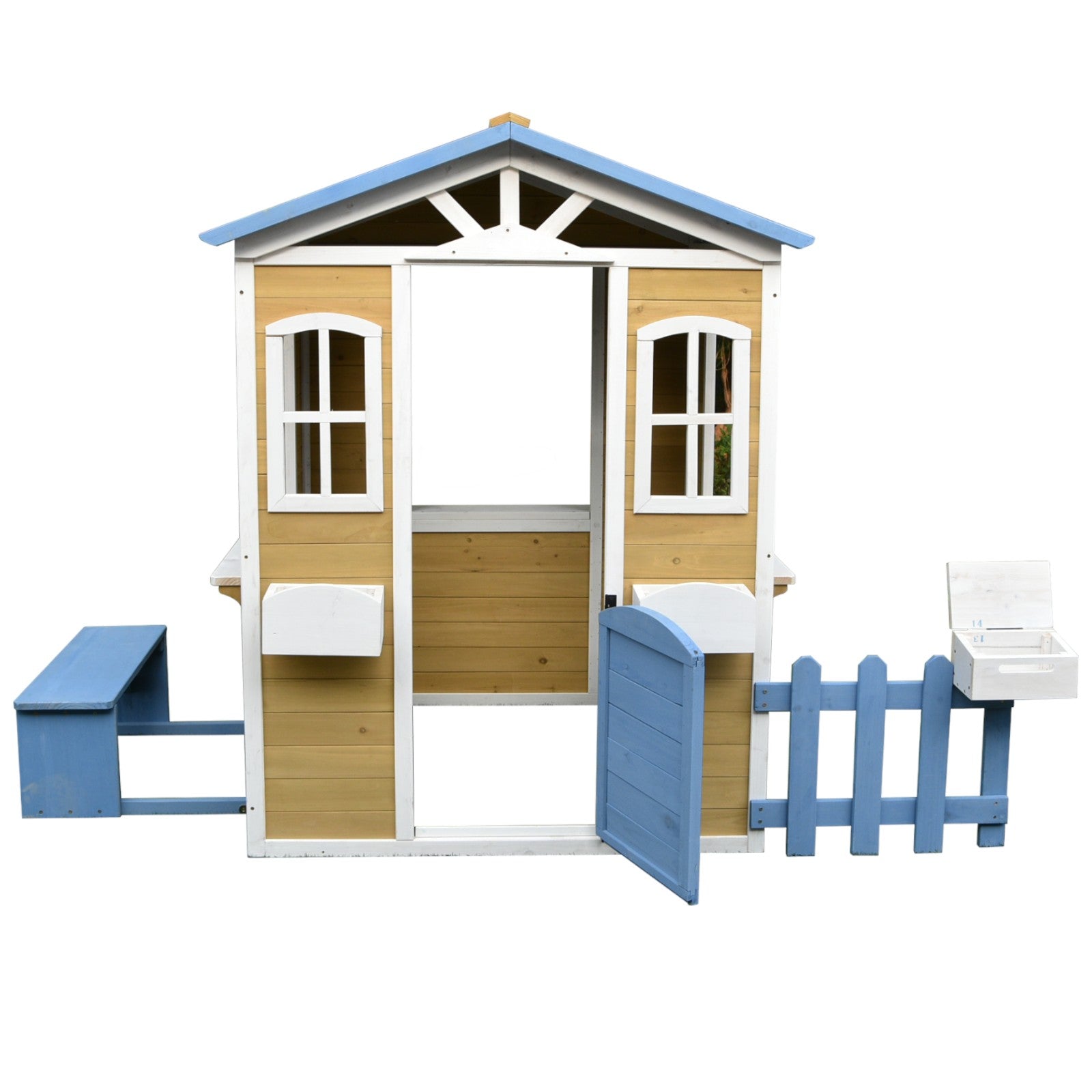gradinska-kashta-za-igra-s-peyka-c351 Детска Къща GINGER HOME, Дървена, Игра на Открито в Двора и Градината, Бяло, Синьо, 205х119х140 см. - Image 1
