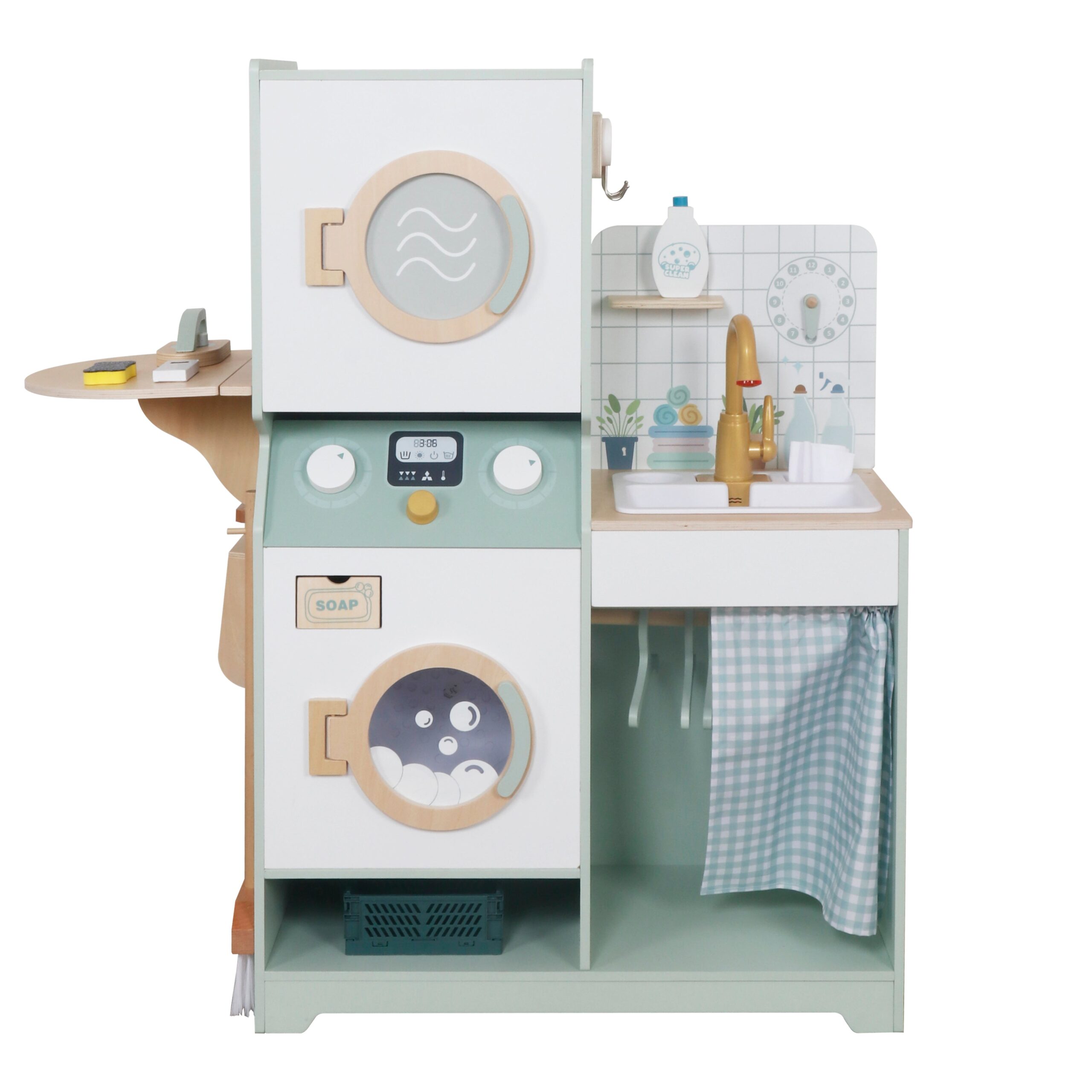 detska-darvena-peralnya-3v1-mivka-techashta-voda-ginger-home-front-w10l030 Детска Дървена Пералня 3 в 1 с Мивка с Течаща Вода и Сушилня GINGER HOME, 86×32×90 см - Image 1