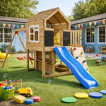 Голяма Детска Дървена Къщичка GINGER HOME за Двор с Пързалка, 2 Люлки, Катерушка и Пясъчник – 250×150×267 см - Image 3