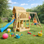 Голяма Детска Дървена Къщичка GINGER HOME за Двор с Пързалка, 2 Люлки, Катерушка и Пясъчник – 250×150×267 см - Image 4