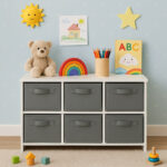 Детски Скрин GINGER HOME с 6 Текстилни Кутии за Съхранение на Играчки и Аксесоари, Сиво и Бяло - Image 3