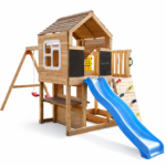 Голяма Детска Дървена Къщичка GINGER HOME за Двор с Пързалка, 2 Люлки, Катерушка и Пясъчник – 250×150×267 см