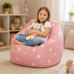 Детски Пуф Кресло GINGER HOME Little Stars, 100% Памук, Розов Барбарон Със Звезди, 55x44x55 см - Image 4