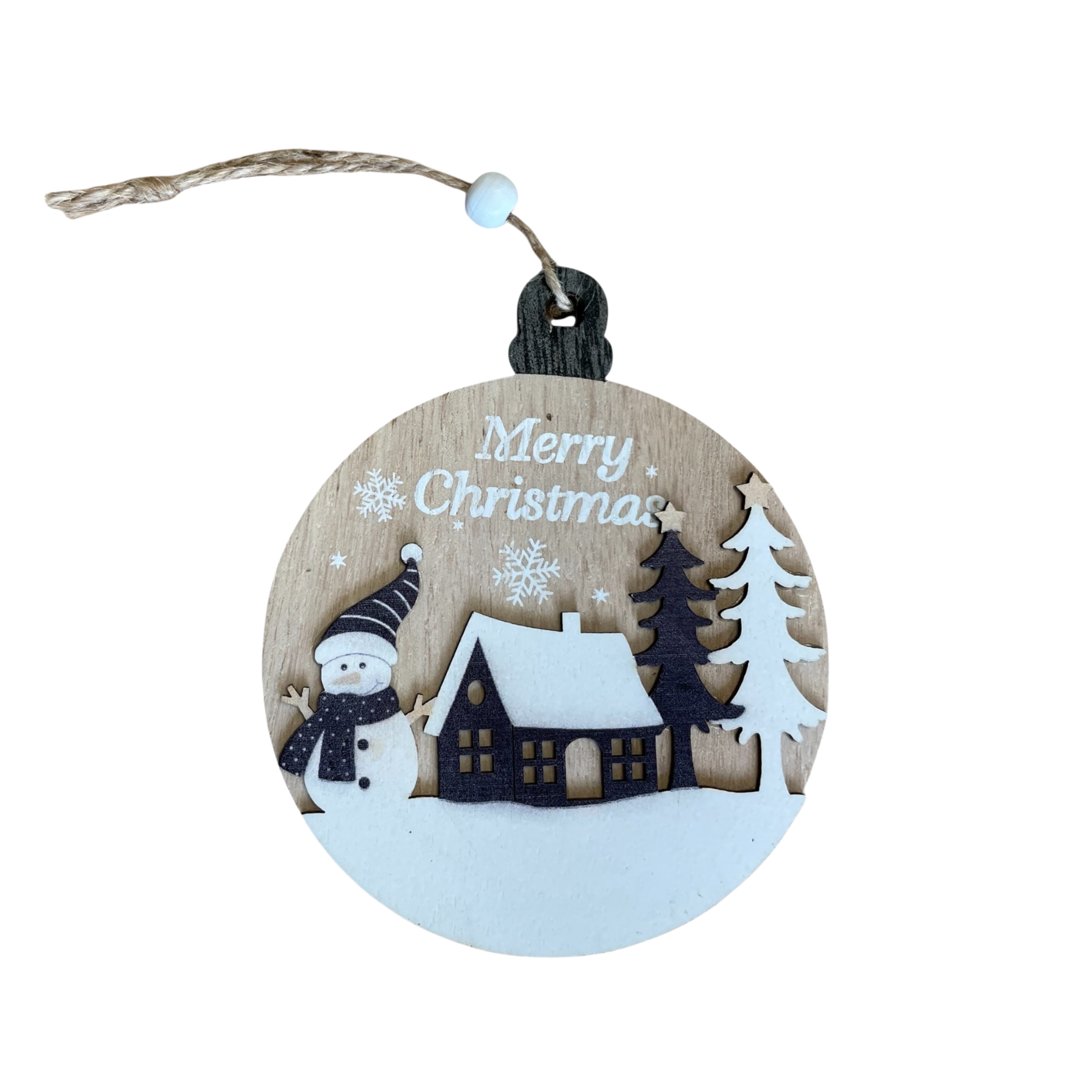 46633-5 Коледна дървена играчка за закачане - Снежко в гората Merry Christmas, 12 см - Снимка 1