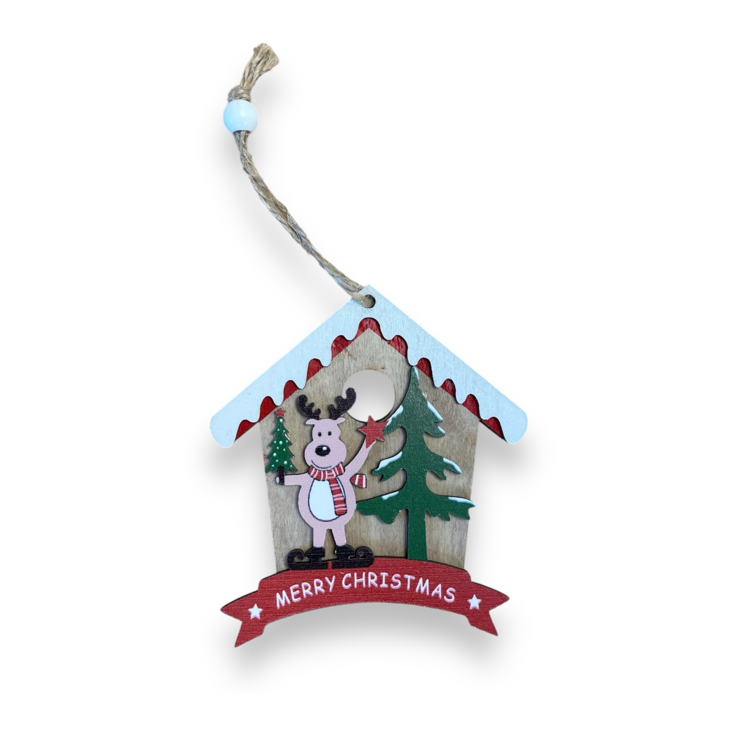46633-6 Коледна дървена играчка за закачане - Коледна къщичка Merry Christmas, 12 см - Снимка 1