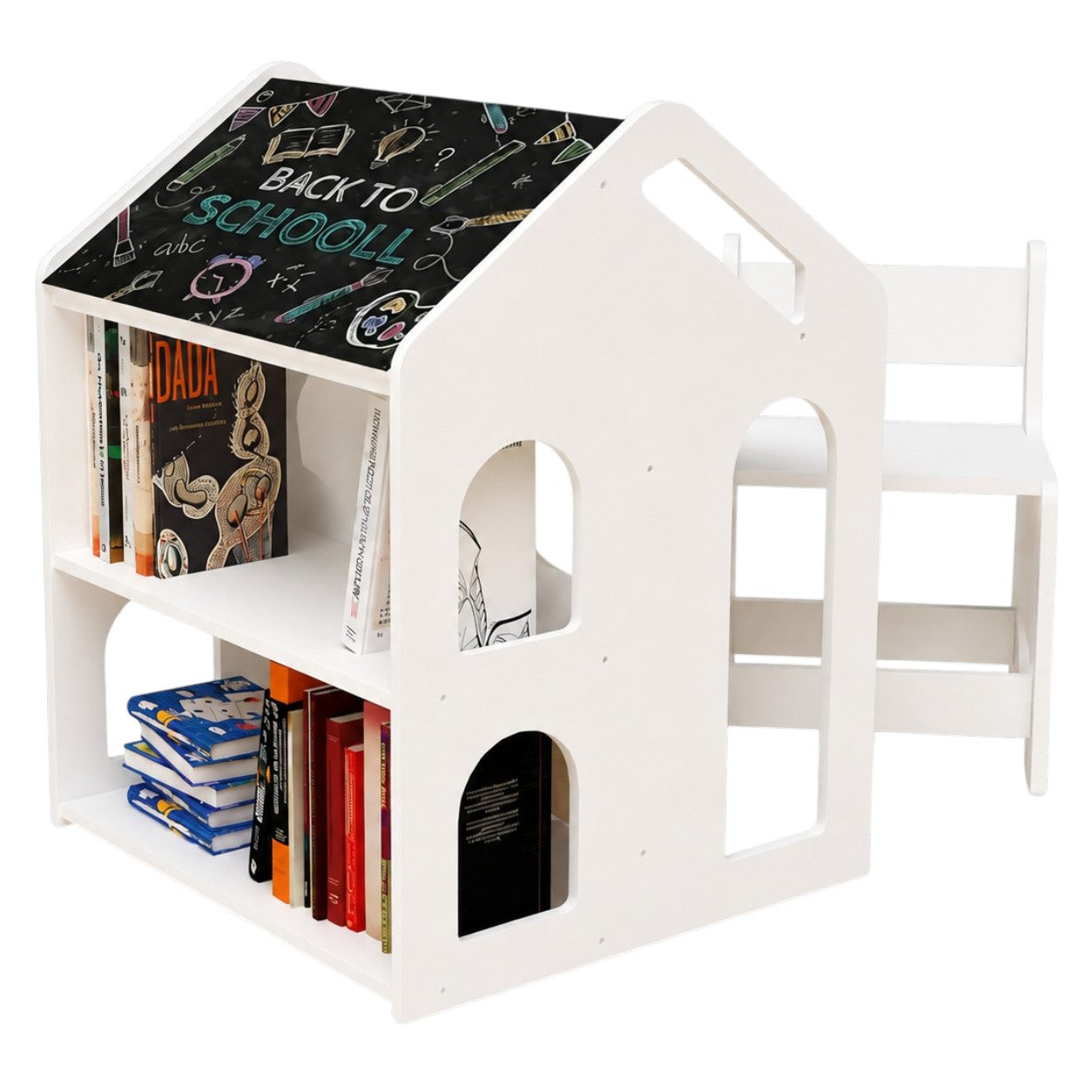 at-kp-2512 Детско Бюро Къщичка GINGER HOME със Столче, Етажерка и Черна Дъска, Монтесори Маса за Рисуване и Учене, Бяло, Масивно Дърво и MDF, 55x51x69 см - Снимка 1