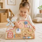 Дървена Монтесори Активна Дъска GINGER HOME, Ферма с Мелница, Лабиринт, Часовник и Зъбни Колела, 33x24x5 см - Снимка 5