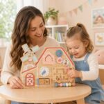 Дървена Монтесори Активна Дъска GINGER HOME, Ферма с Мелница, Лабиринт, Часовник и Зъбни Колела, 33x24x5 см - Снимка 8