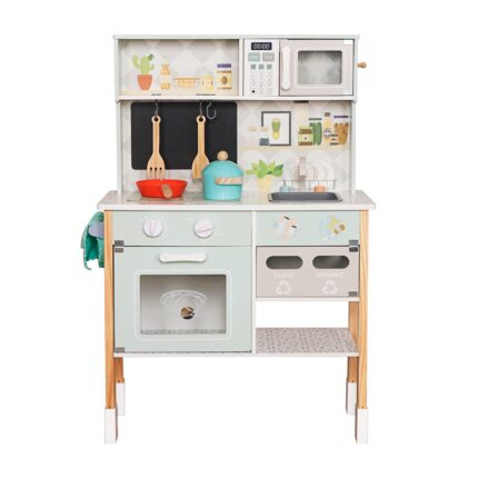 Детска Дървена Кухня GINGER HOME с Електронен Котлон, Микровълнова, Фурна, Мивка и Аксесоари, Масивно Дърво и MDF, 60x26.5x91 см - Снимка 1