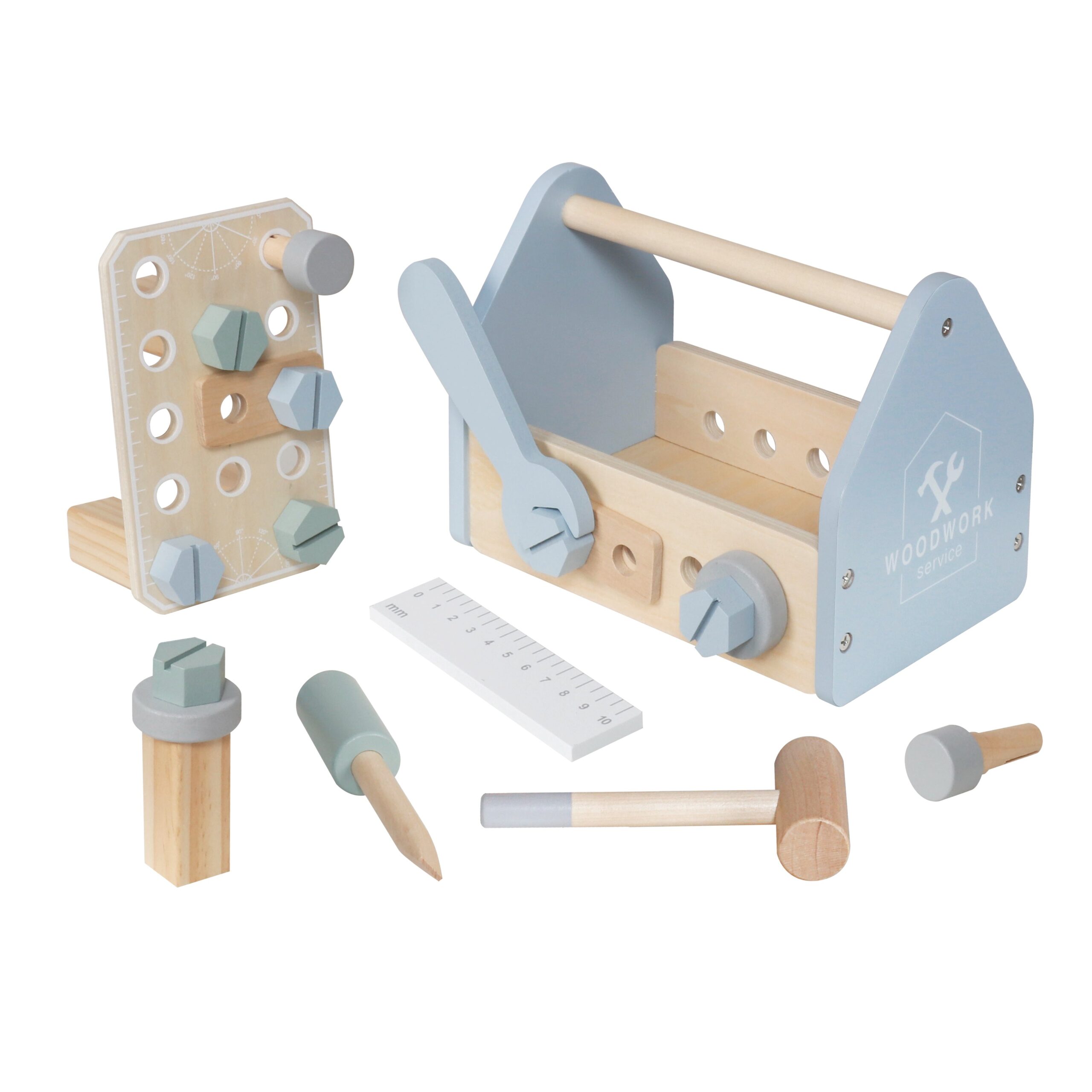 detska-darvena-kutiya-s-instrumenti-ginger-home-w03d286 Детска Дървена Кутия с Инструменти GINGER HOME, Мини Работилница с 22 Части, Синя, 22x13x14 см - Снимка 1