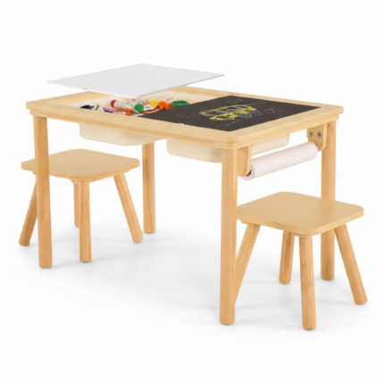 Детска Дървена Масичка за Активна Игра с 2 Столчета GINGER HOME 5 в 1, Дъска за Рисуване, Ролка Хартия и Кутии за Съхранение, 73x50x53.6 см - Снимка 1