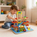 Детски Дървен Паркинг GINGER HOME, Многоетажен Гараж с Асансьор, Хеликоптерна Площадка, Бензиностанция и Автомивка, 50x40x47 см - Снимка 5