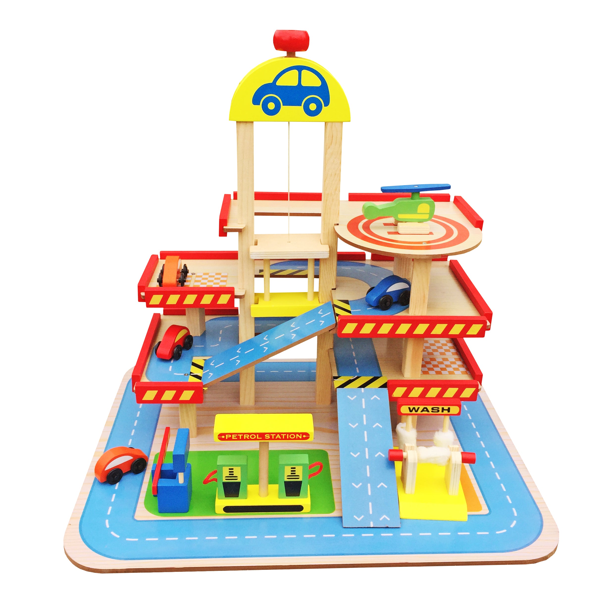detski-darven-parking-ginger-home-mnogoetazhen-garazh-w04b034 Детски Дървен Паркинг GINGER HOME, Многоетажен Гараж с Асансьор, Хеликоптерна Площадка, Бензиностанция и Автомивка, 50x40x47 см - Снимка 1