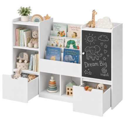 Детски Органайзер за Играчки GINGER HOME с Черна Дъска, Етажерка, 2 Чекмеджета и 6 Отделения, Масивно Дърво и MDF, 140x51x80 см - Снимка 1
