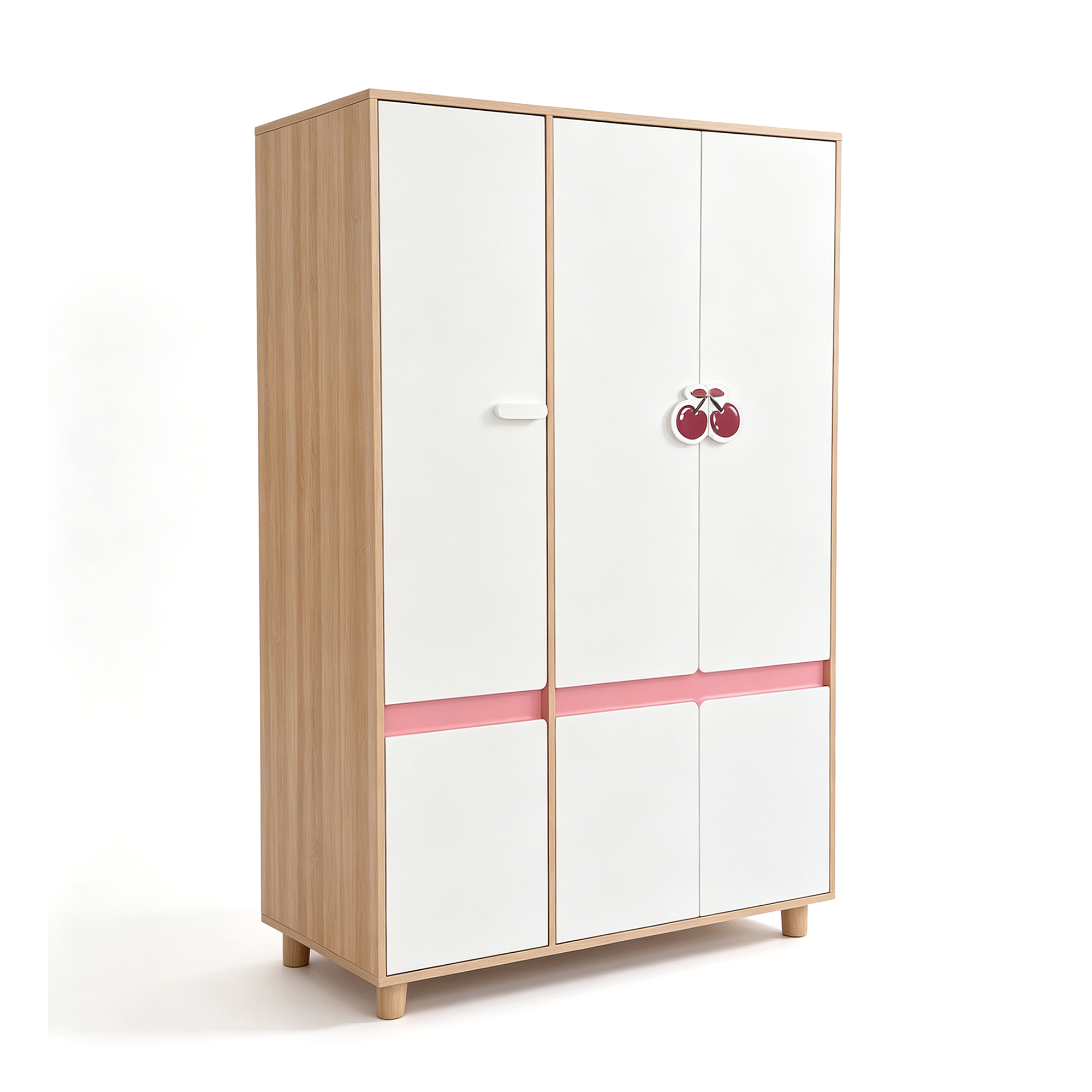 detski-trikrilen-garderob-ginger-home-cherry-raftove-lost-zakachalki-srw-56 Детски Трикрилен Гардероб GINGER HOME CHERRY, с Рафтове, Лост за Закачалки и 6 Врати, Бяло, Розово и Натурално Дърво, 120х60х180 см - Снимка 1
