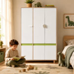 Детски Трикрилен Гардероб GINGER HOME DINO, с Рафтове, Лост за Закачалки и 6 Врати, Бяло, Зелено и Натурално Дърво, 120х60х180 см - Снимка 2