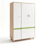 Детски Трикрилен Гардероб GINGER HOME DINO, с Рафтове, Лост за Закачалки и 6 Врати, Бяло, Зелено и Натурално Дърво, 120х60х180 см - Снимка 1