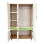 Детски Трикрилен Гардероб GINGER HOME DINO, с Рафтове, Лост за Закачалки и 6 Врати, Бяло, Зелено и Натурално Дърво, 120х60х180 см - Снимка 5