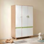 Детски Трикрилен Гардероб GINGER HOME DINO, с Рафтове, Лост за Закачалки и 6 Врати, Бяло, Зелено и Натурално Дърво, 120х60х180 см - Снимка 8