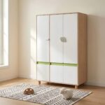 Детски Трикрилен Гардероб GINGER HOME DINO, с Рафтове, Лост за Закачалки и 6 Врати, Бяло, Зелено и Натурално Дърво, 120х60х180 см - Снимка 9