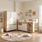 Детски Трикрилен Гардероб GINGER HOME DINO, с Рафтове, Лост за Закачалки и 6 Врати, Бяло, Зелено и Натурално Дърво, 120х60х180 см - Снимка 10