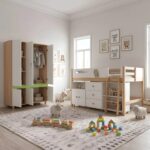 Детски Трикрилен Гардероб GINGER HOME DINO, с Рафтове, Лост за Закачалки и 6 Врати, Бяло, Зелено и Натурално Дърво, 120х60х180 см - Снимка 11