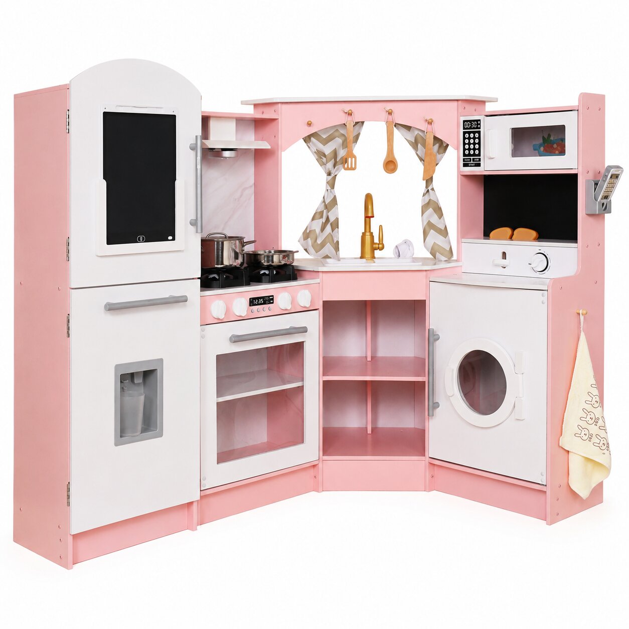 golyama-detska-darvena-kuhnya-ginger-home-aglova-mivka-techashta-voda-zvuk-svetlina-w10c933j Голяма Детска Дървена Кухня GINGER HOME, Ъглова с Мивка с Течаща Вода, Звук и Светлина, Хладилник, Микровълнова, Пералня, Прозорец, Завеси и Аксесоари, 134x80x99 см - Снимка 1