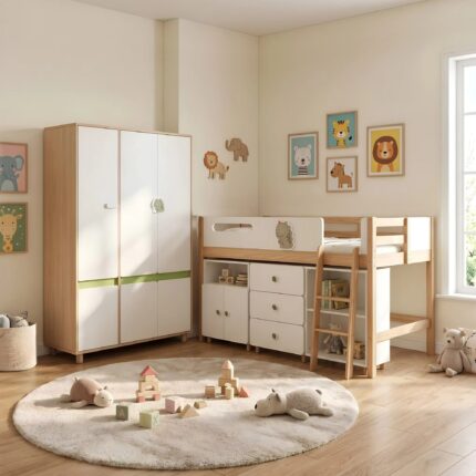 Комплект Мебели за Детска Стая GINGER HOME DINO с Комбинирано Легло 90x200 см, Гардероб, Шкафове, Скрин, Етажерка и Подматрачна Рамка, Бяло, Зелено и Натурално Дърво - Снимка 1