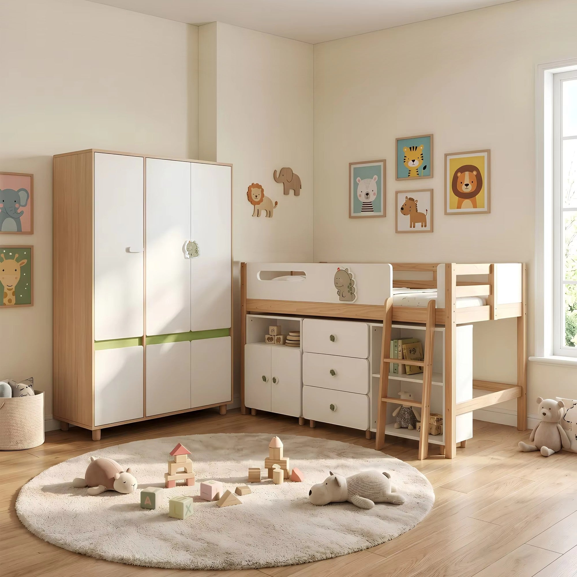 komplekt-mebeli-detska-staya-ginger-home-dino-leglo-garderob-shkafove-sr-d Комплект Мебели за Детска Стая GINGER HOME DINO с Комбинирано Легло 90x200 см, Гардероб, Шкафове, Скрин, Етажерка и Подматрачна Рамка, Бяло, Зелено и Натурално Дърво - Снимка 1