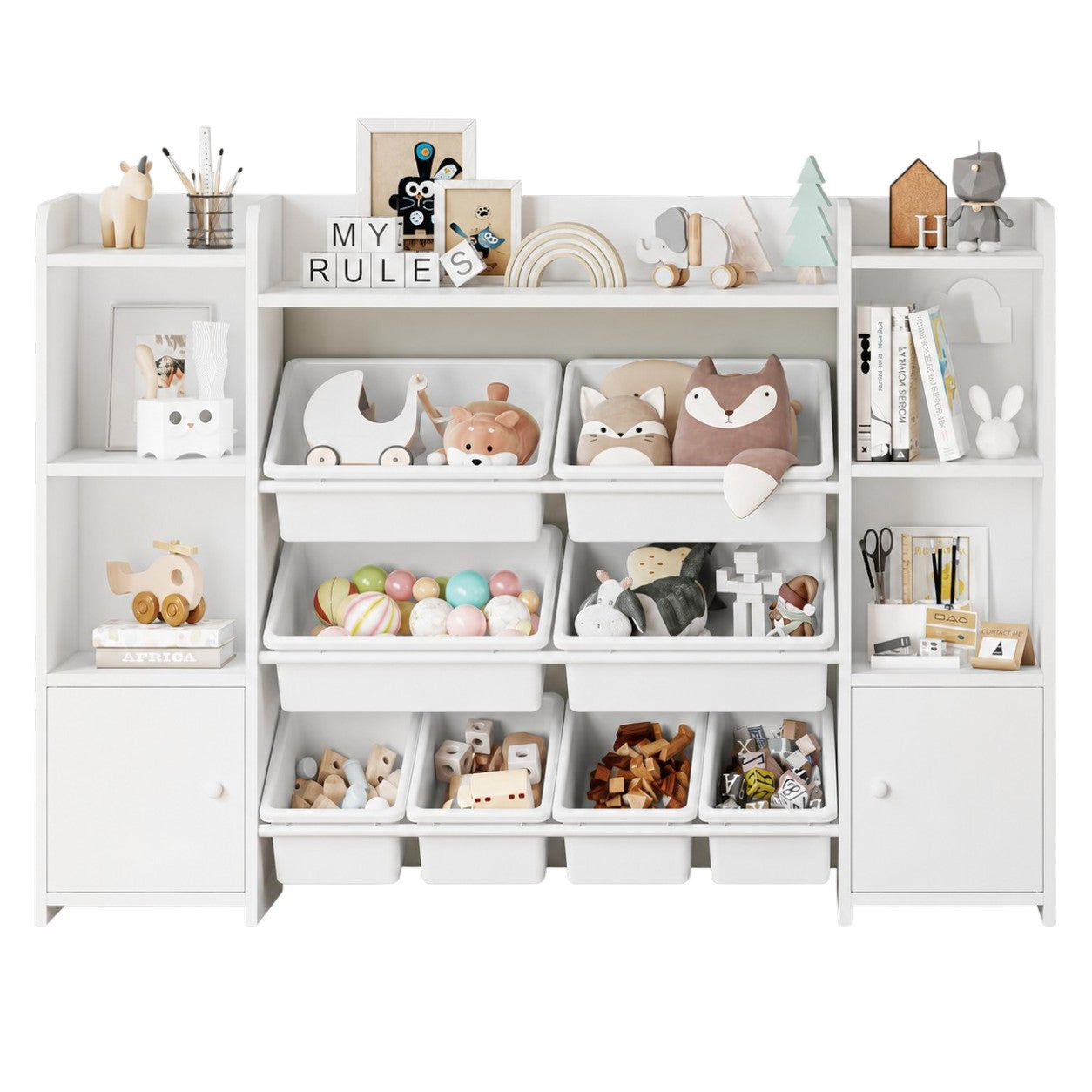 vm-20 Голям Детски Органайзер GINGER HOME, Бяла Етажерка за Играчки и Книги с 8 Кутии за Съхранение и 2 Шкафа, 141.5x100x30 см - Снимка 1